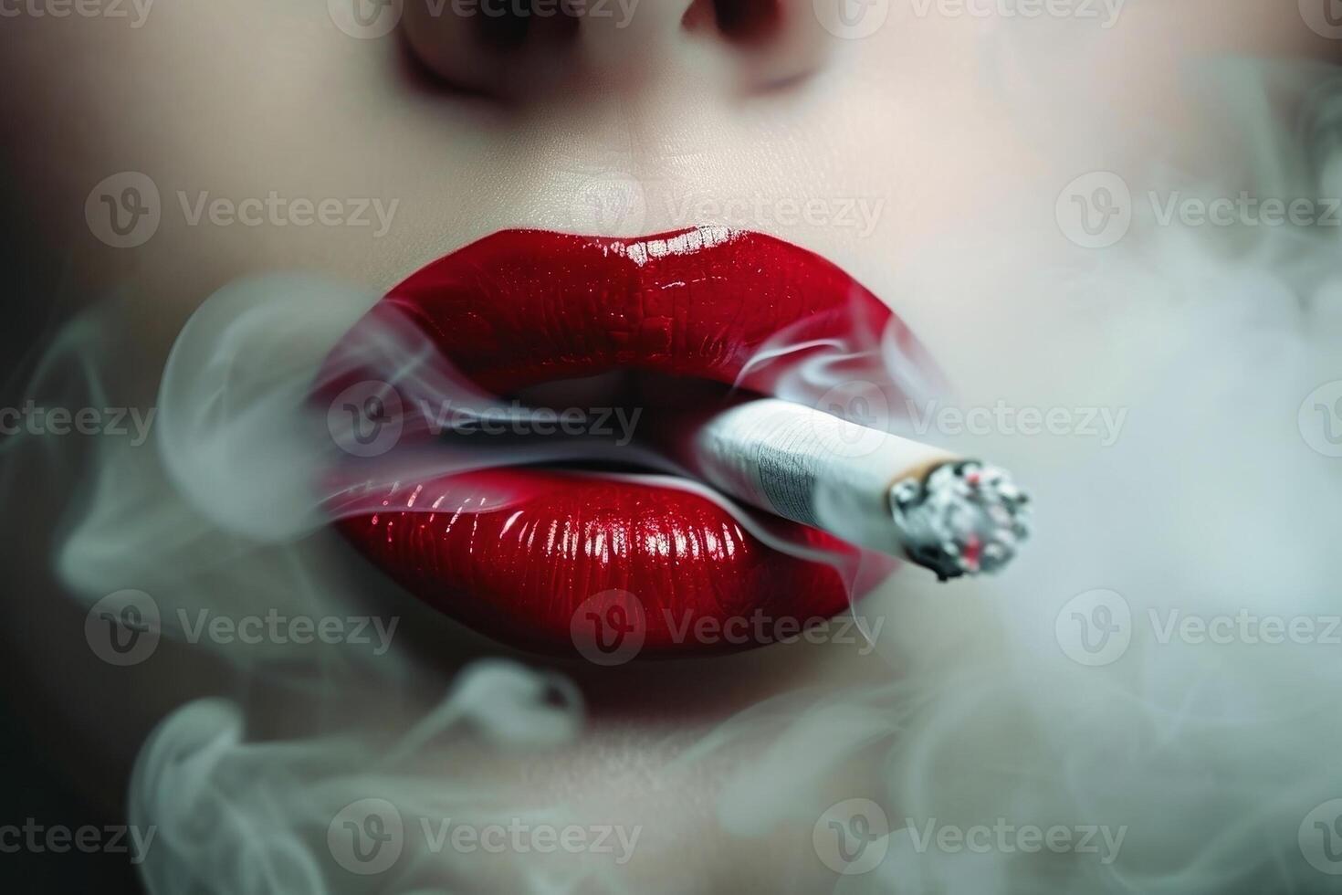 Sexy female lips blowing smoke from a cigarette. AI generate photo