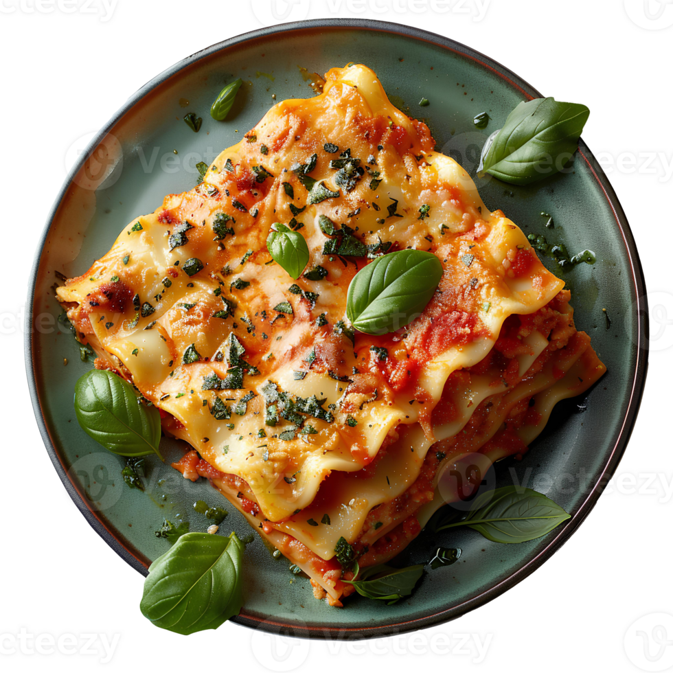 Lasagna on a plate . Lasagna with minced meat and potato sauce top view . Italian cuisine with basil leaves isolated. Meat lasagna flat lay . png