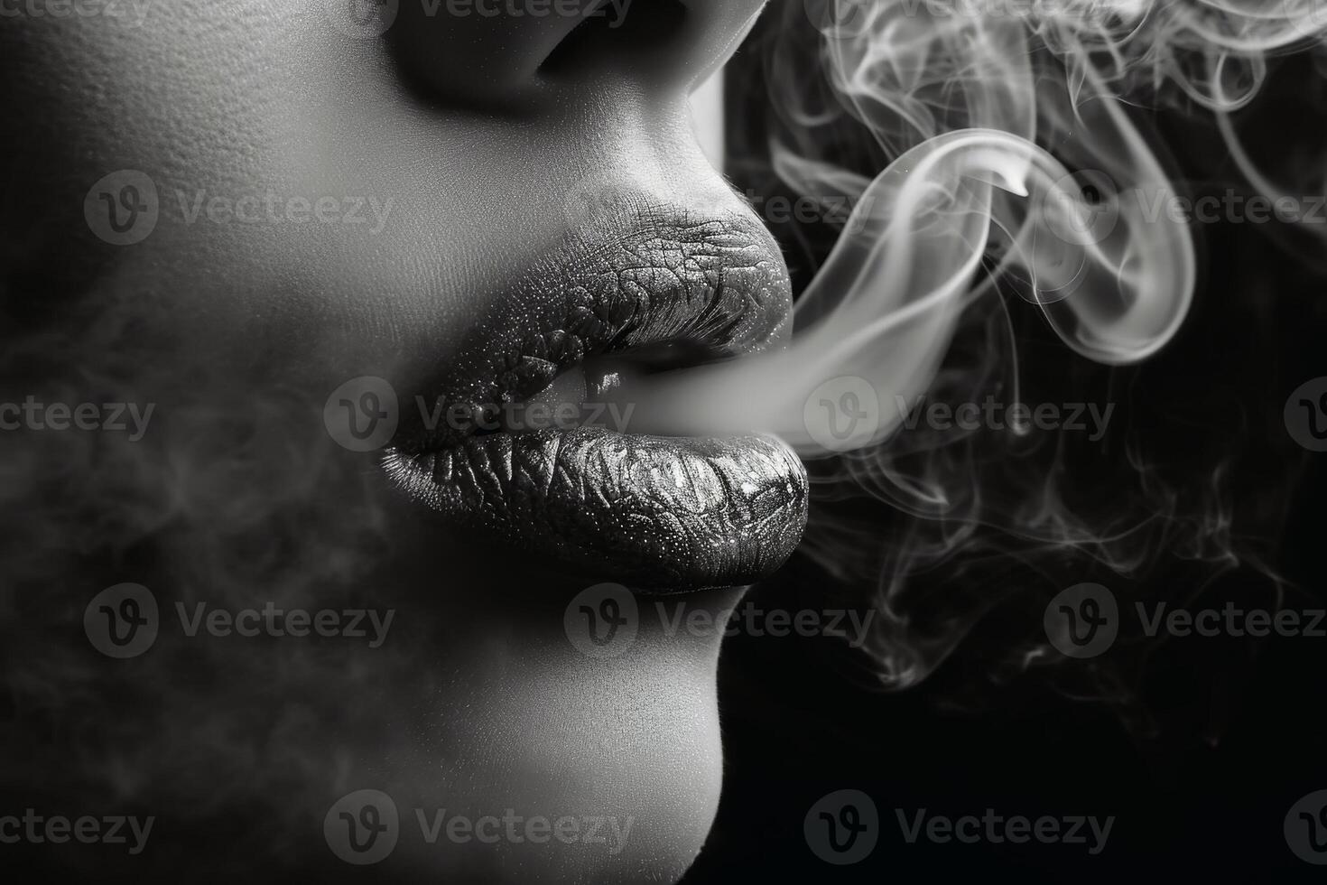 Sexy female lips blowing smoke from a cigarette. AI generate photo