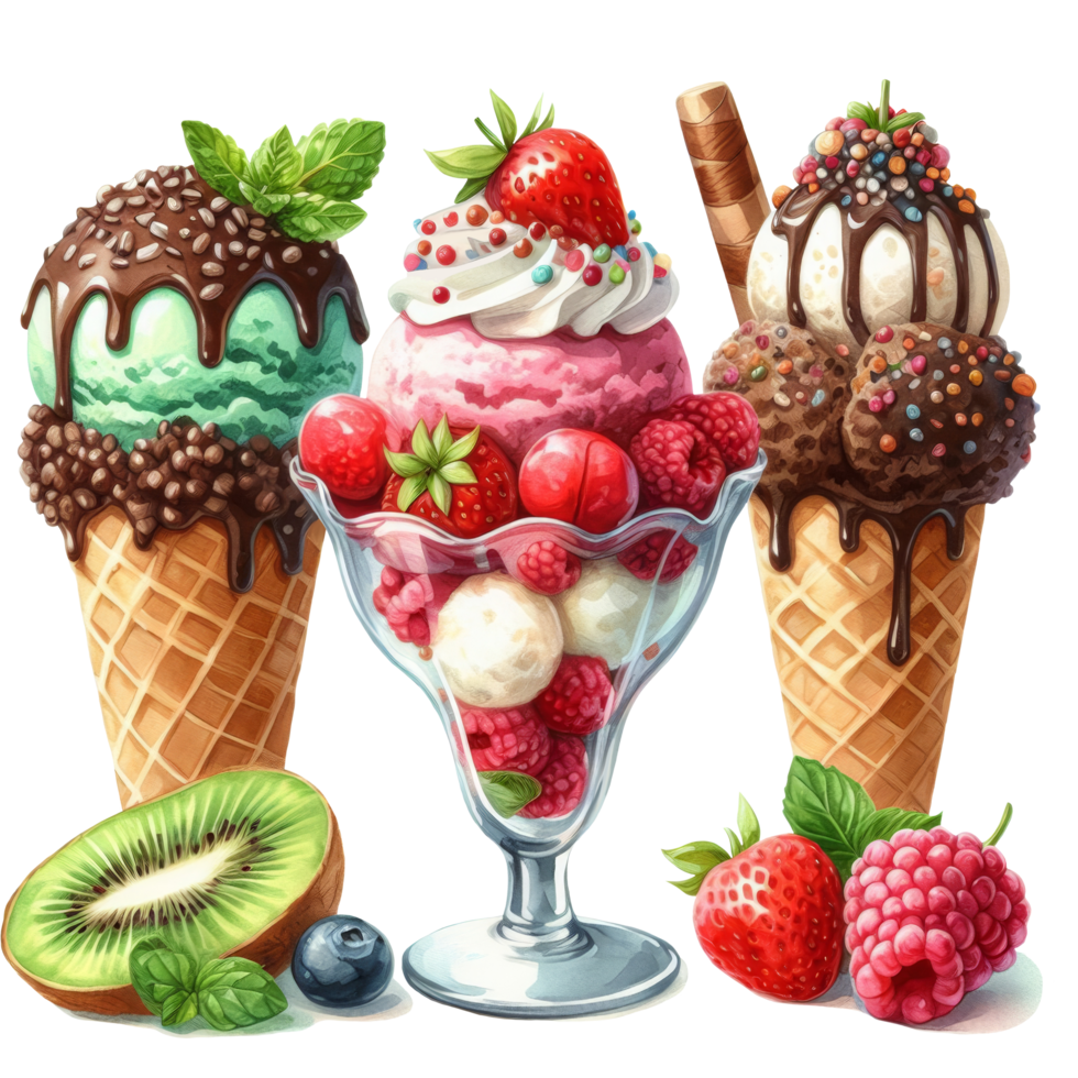 A luscious and vibrant ice cream in a waffle cone, adorned with fresh berries and a variety of toppings, perfect for a sweet treat on a sunny day. Clip art isolated on transparent background png