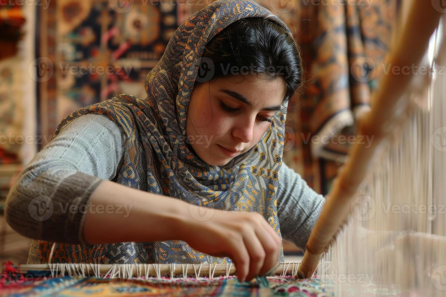 A woman weaves a beautiful carpet with dedication. AI generate photo