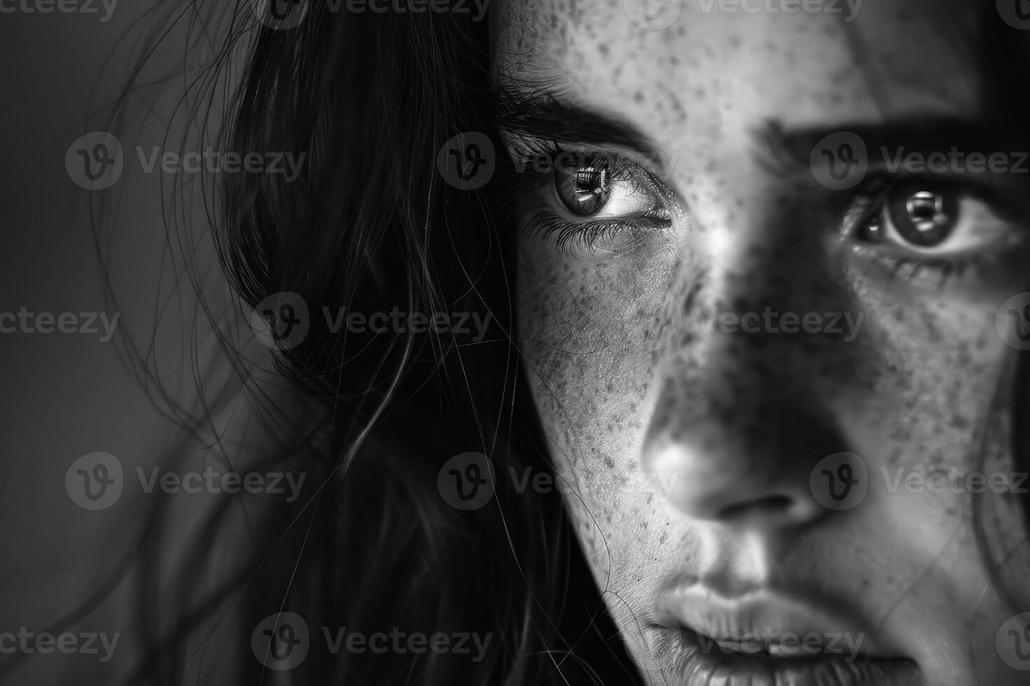 A black and white close up portrait of a woman with dramatic lighting emphasizing the eyes. AI generativ photo