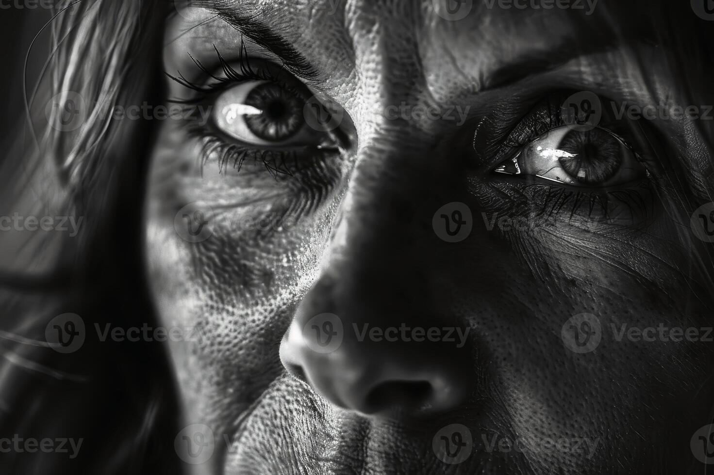 A black and white close up portrait of a woman with dramatic lighting emphasizing the eyes. AI generativ photo