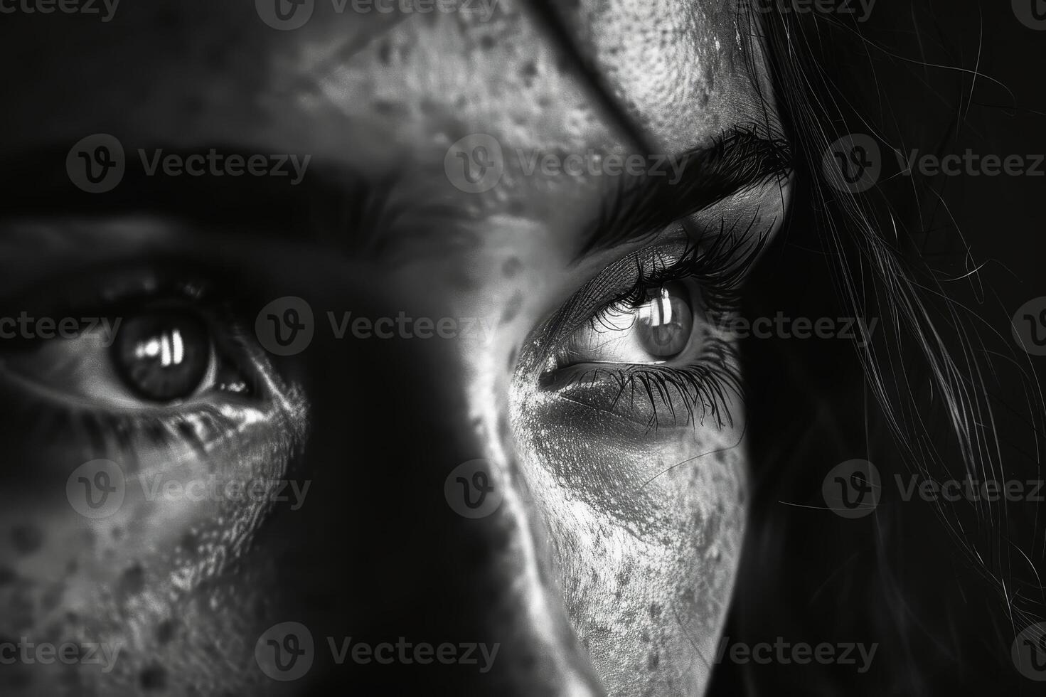 A black and white close up portrait of a woman with dramatic lighting emphasizing the eyes. AI generativ photo