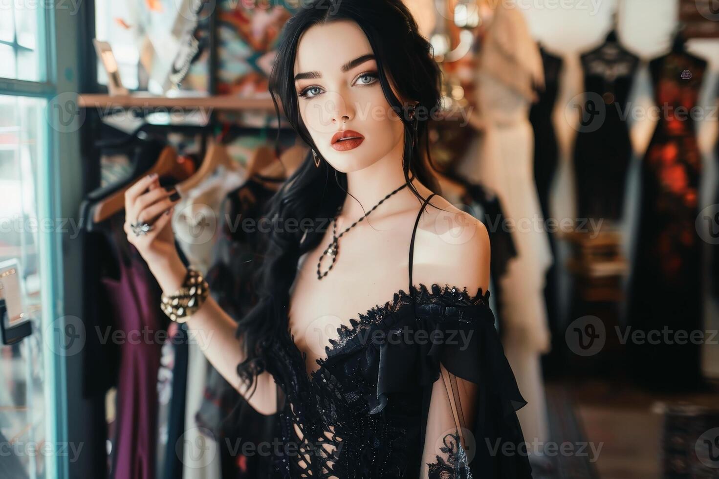 A bride tries on a black wedding dress in a store and looks like a gothic goddess. AI generativ photo