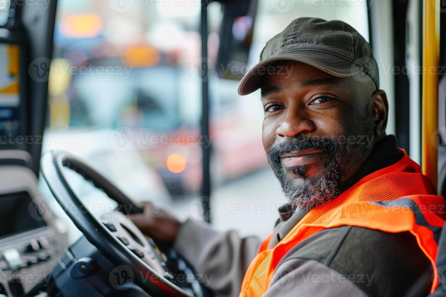 A friendly bus driver at work. AI generate photo