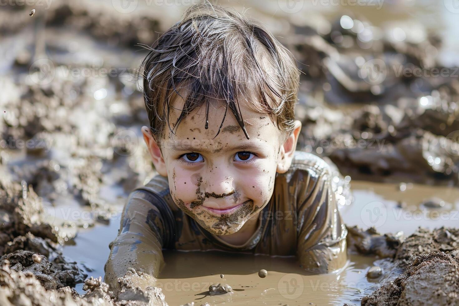 A kid playing in the mud being dirty all over.AI generate photo