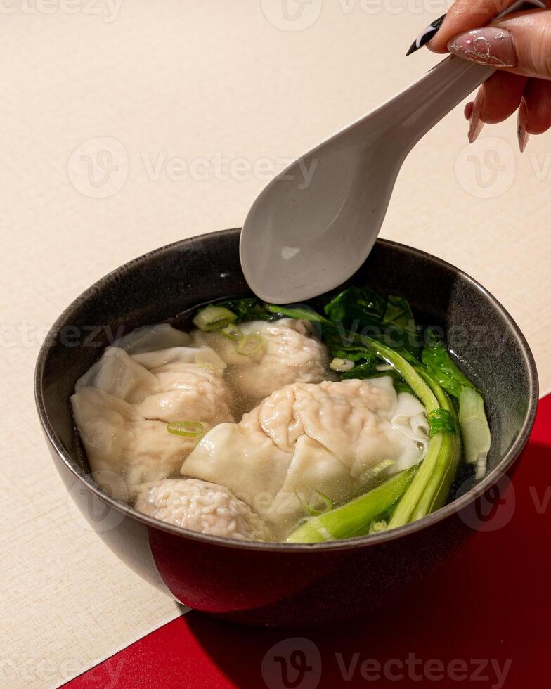 Wontons or dumplings are a soup dish containing pieces of meat and vegetables originating from China photo