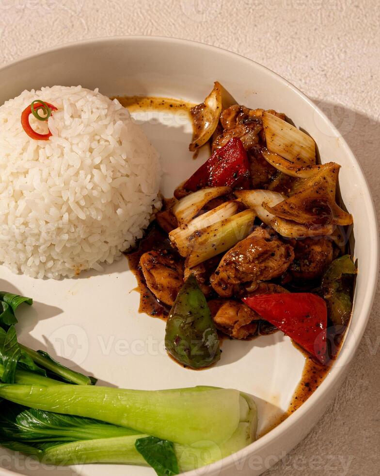 Pepper Chicken Rice is spicy, savory seasoned chicken served with white rice and vegetables photo