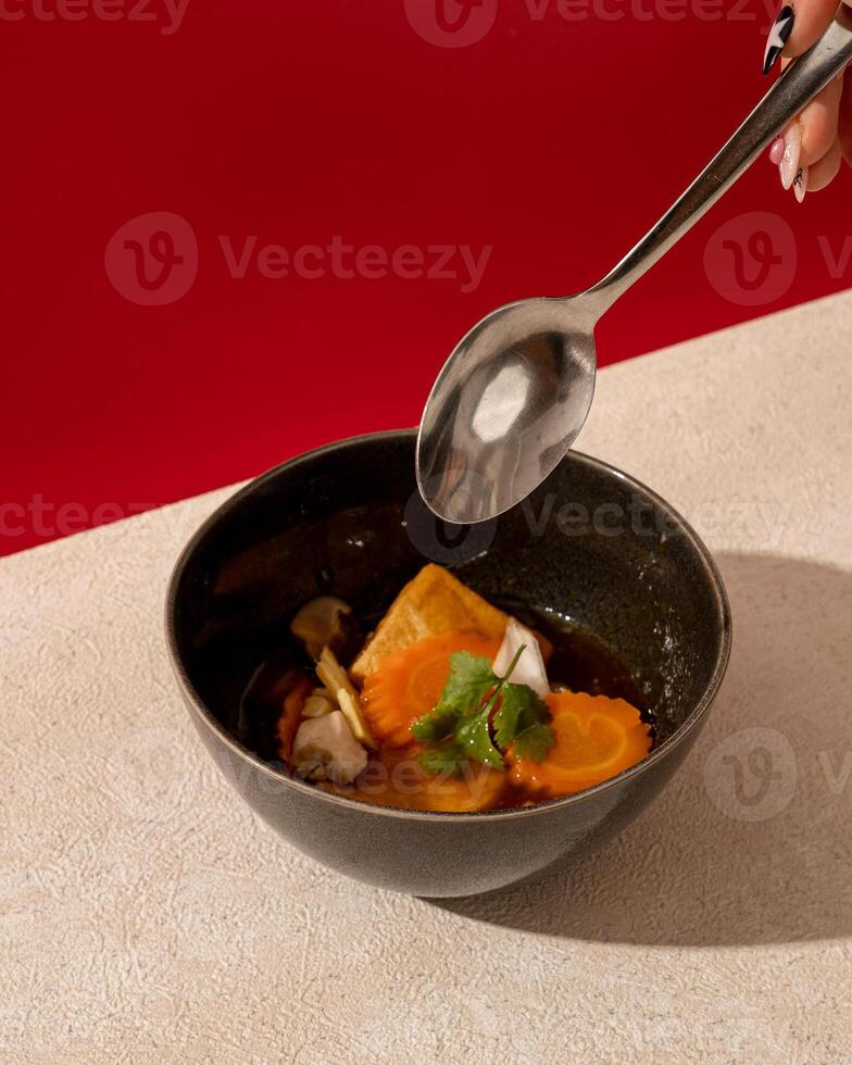 Sapo tofu is a type of dish originating from China that is cooked with vegetables photo