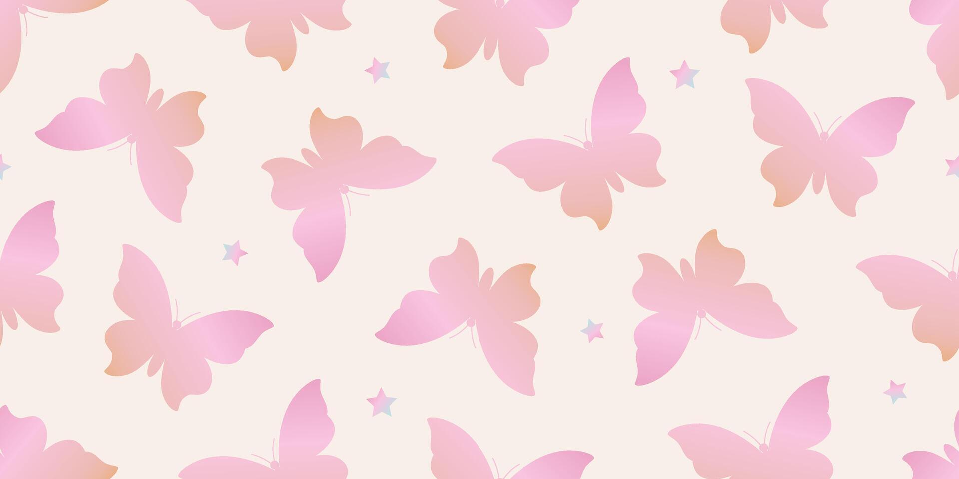 Gradient butterfly shape seamless pattern illustration. Insect and star repeated ornament. Design for textile, fabric, background, wrapping paper, package. 90s aesthetic vibe. vector