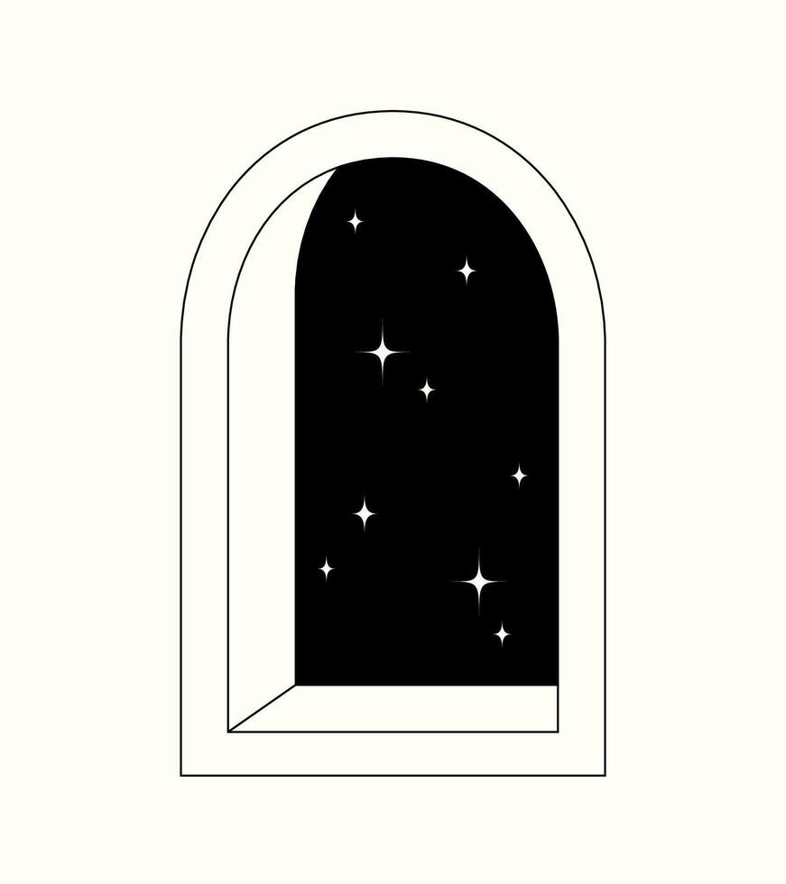 Line arc window with night sky and stars. Esoteric celestial minimalist frame. Black and white element for modern poster, tattoo, astrology, tarot cards. vector