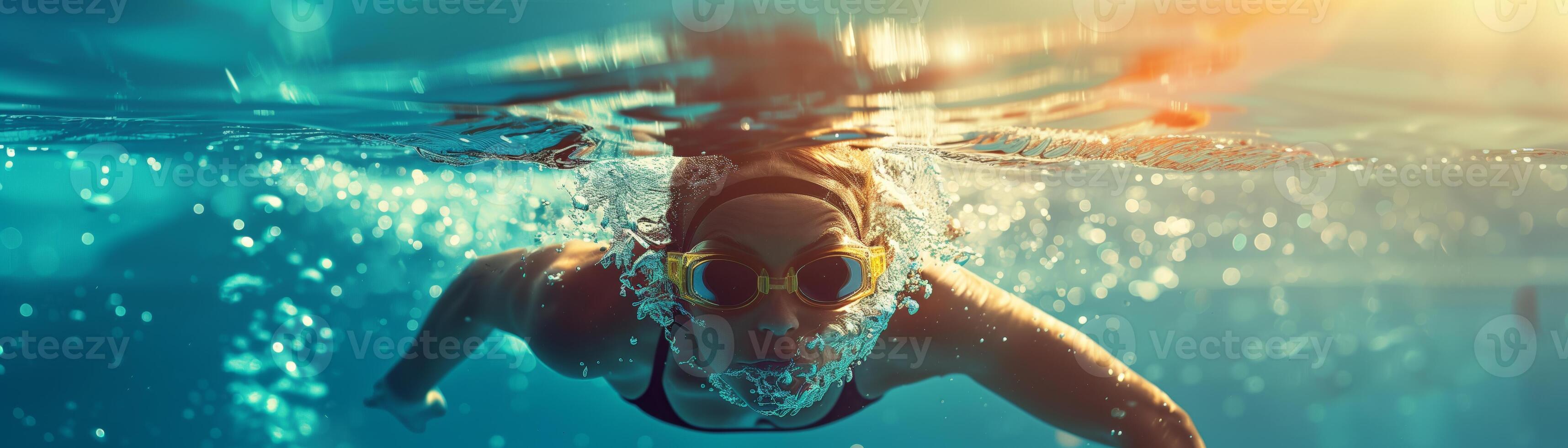 Underwater shot of a swimmer with goggles swimming in a pool with sunlight shining through, creating a dynamic and vibrant atmosphere. photo