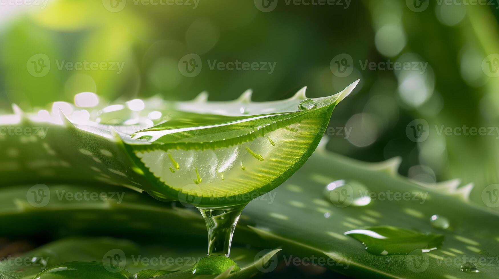 Close-up of fresh aloe vera plant with a cut leaf exposing gel and water droplets, showcasing natural healing properties and vibrant green colors. photo