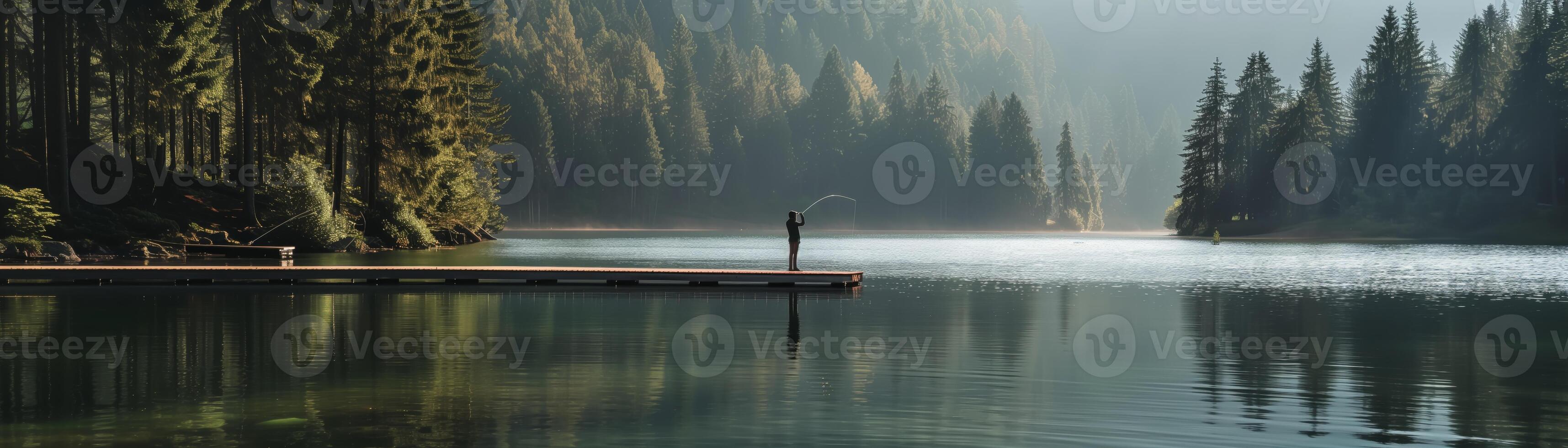 Serene early morning fisherman standing on pier amidst calm lake surrounded by dense evergreen forest and gentle mist. photo