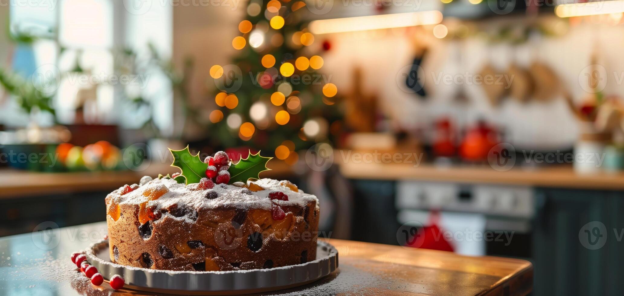 Festive Christmas cake with icing and berries in a cozy kitchen setting, featuring a decorated Christmas tree in the background. photo