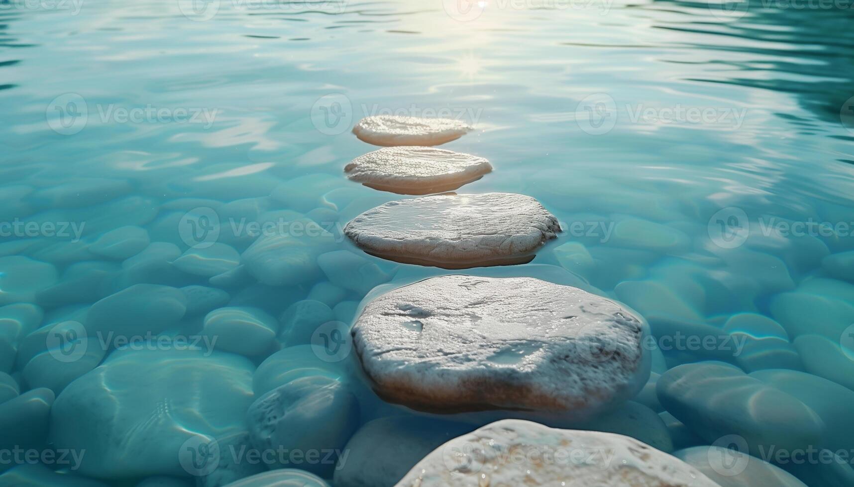 Tranquil scene of stepping stones in a clear, calm body of water, leading towards the horizon. Serene and peaceful nature setting. photo