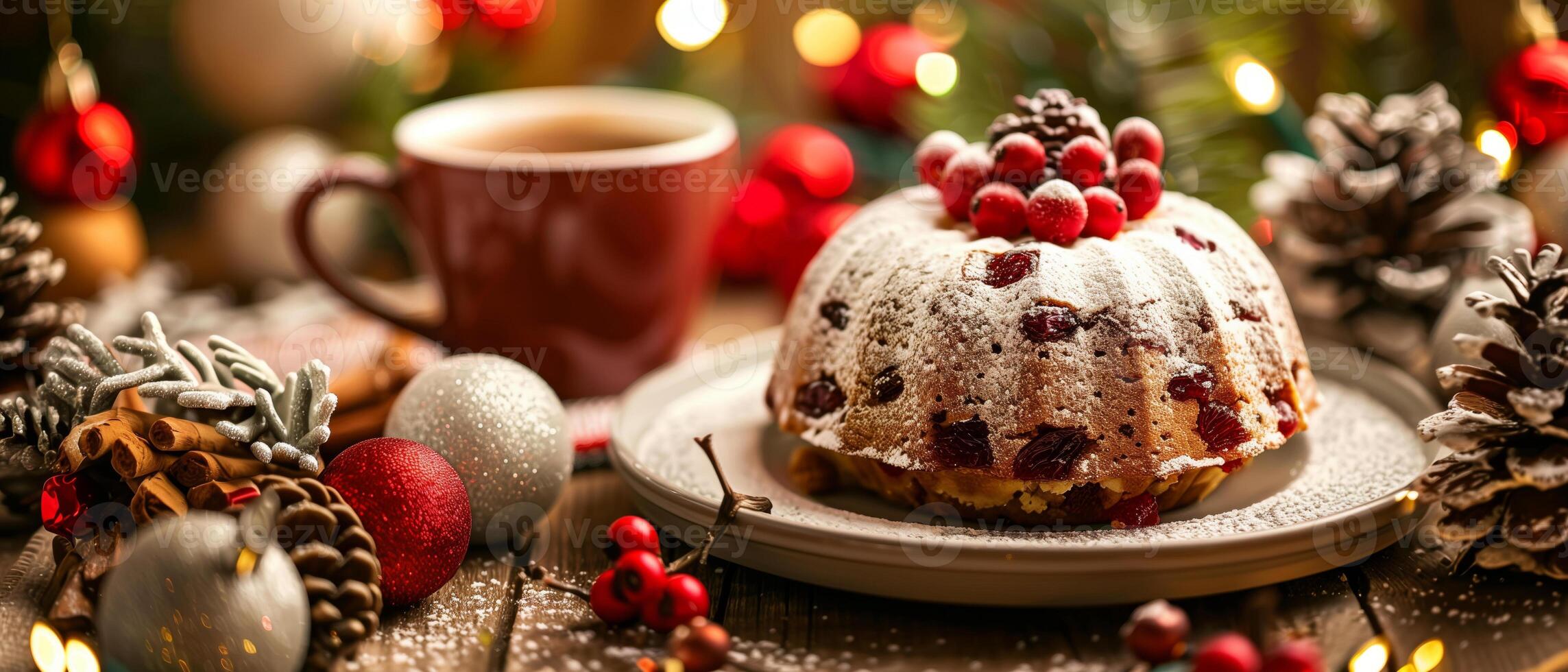 Festive Christmas cake with cranberries, powdered sugar, surrounded by decorations with a cup of coffee on a wooden table. photo