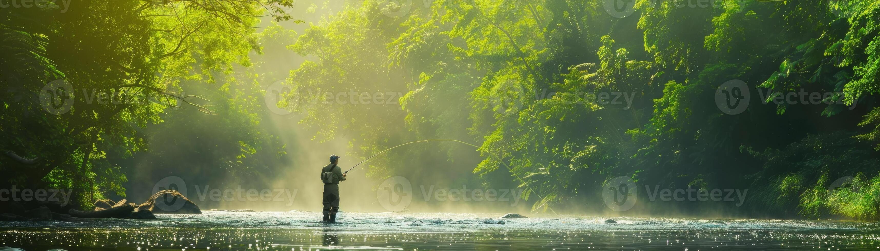A lone angler fishing in a serene river surrounded by lush green forest, bathed in the golden morning light. photo