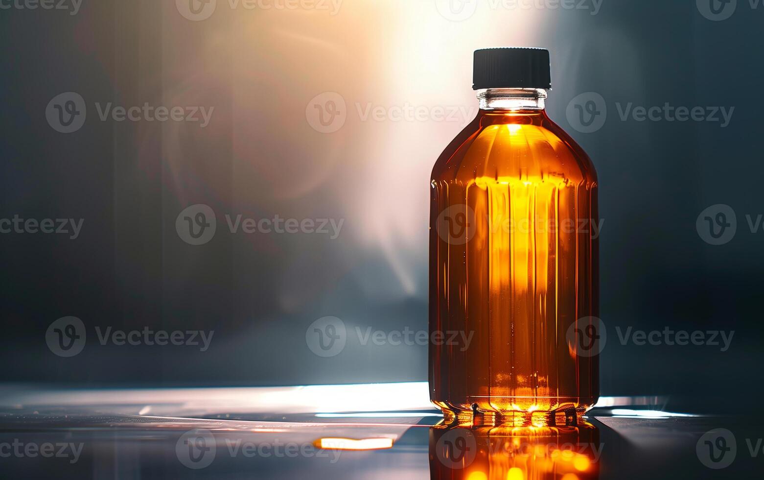 A glass bottle filled with amber liquid, illuminated in low light, creating a dramatic and mysterious effect. Perfect for backgrounds and themes. photo