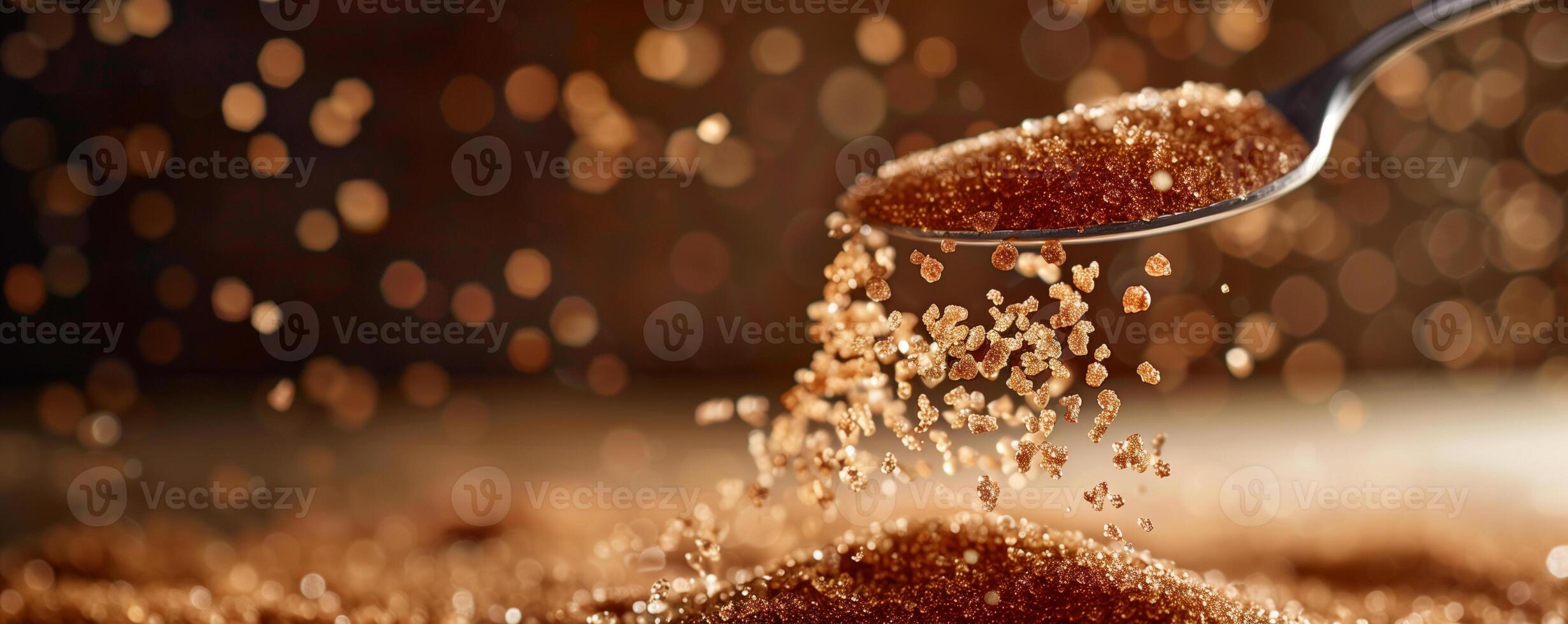 A superrealistic image of date sugar granules being poured from a spoon photo