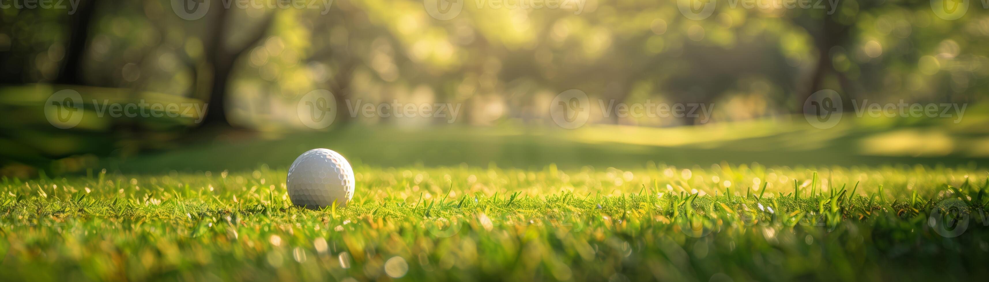 A perfectly lit golf ball rests on a beautifully manicured green fairway, surrounded by trees, under warm golden sunlight in a serene setting. photo