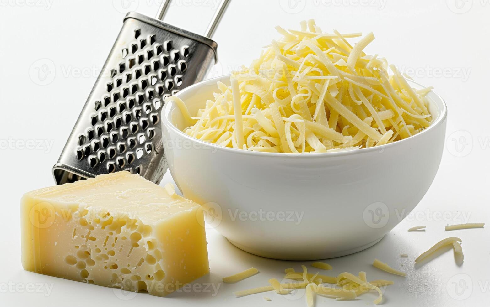 Bowl of shredded cheese with cheese block and grater on white background, perfect for cooking and recipe illustrations. photo