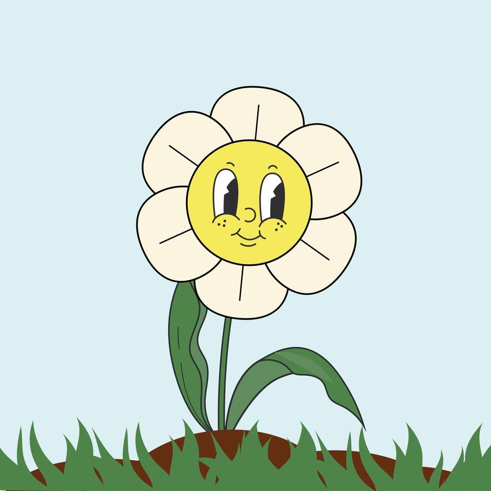 Funny daisy flower smiling face. Groovy summer vibes chamomile character mascot. Cartoon hippie 70s poster with lettering. logo card in trendy retro style. Bloom floral backgrounds vector