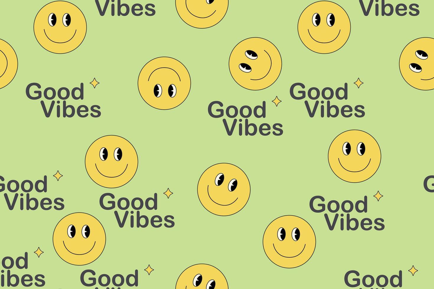 Happy smile faces seamless pattern in trendy funky y2k style. Colorful circle stickers, character icons endless background. Illustration in 90s graphic for fabric, print, textile, presentation vector