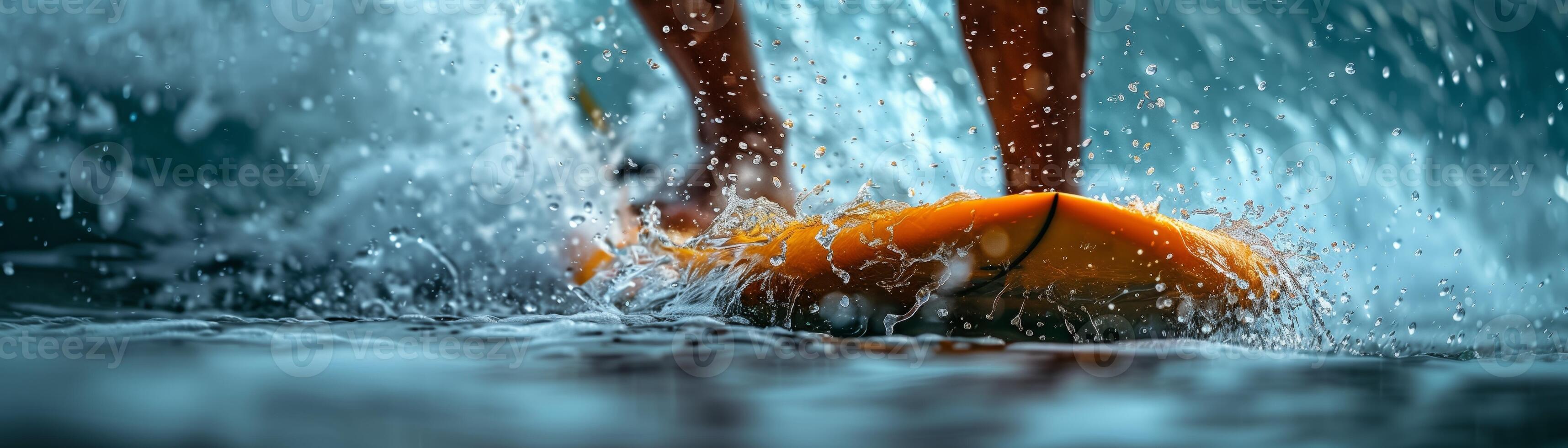 Close-up of a surfer riding a wave, capturing the dynamic movement and splashing water on a vibrant surfboard. photo