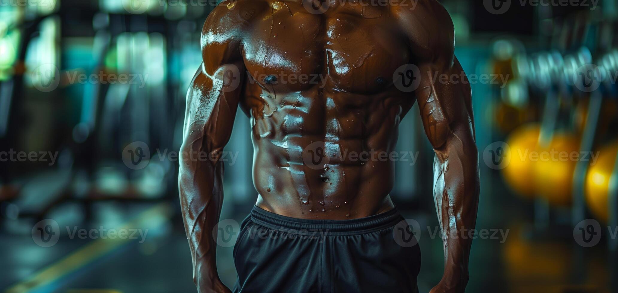 Close-up of a muscular man's torso showcasing defined abs and muscles in a gym setting, representing strength and fitness. photo