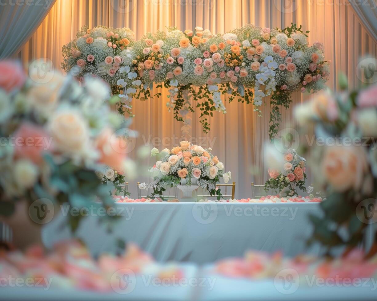 Elegant wedding reception with beautiful flower arrangements in soft pastel colors creating a romantic and luxurious atmosphere. photo