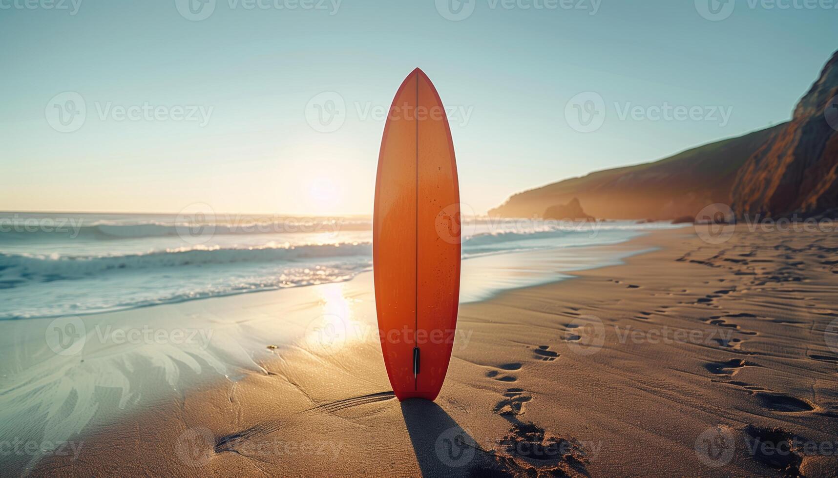 An orange surfboard stands upright on a sandy beach at sunset, with waves rolling in and footprints leading to the water. photo