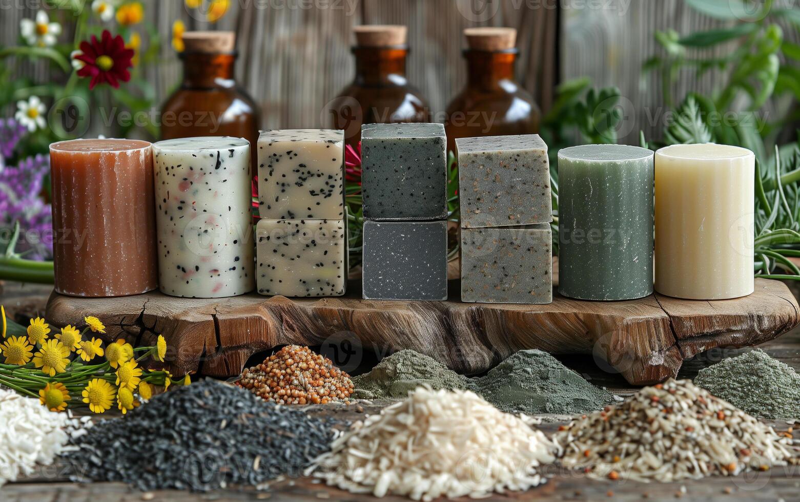 Handcrafted natural soaps with organic ingredients displayed with herbs and essential oils on rustic wooden background. photo