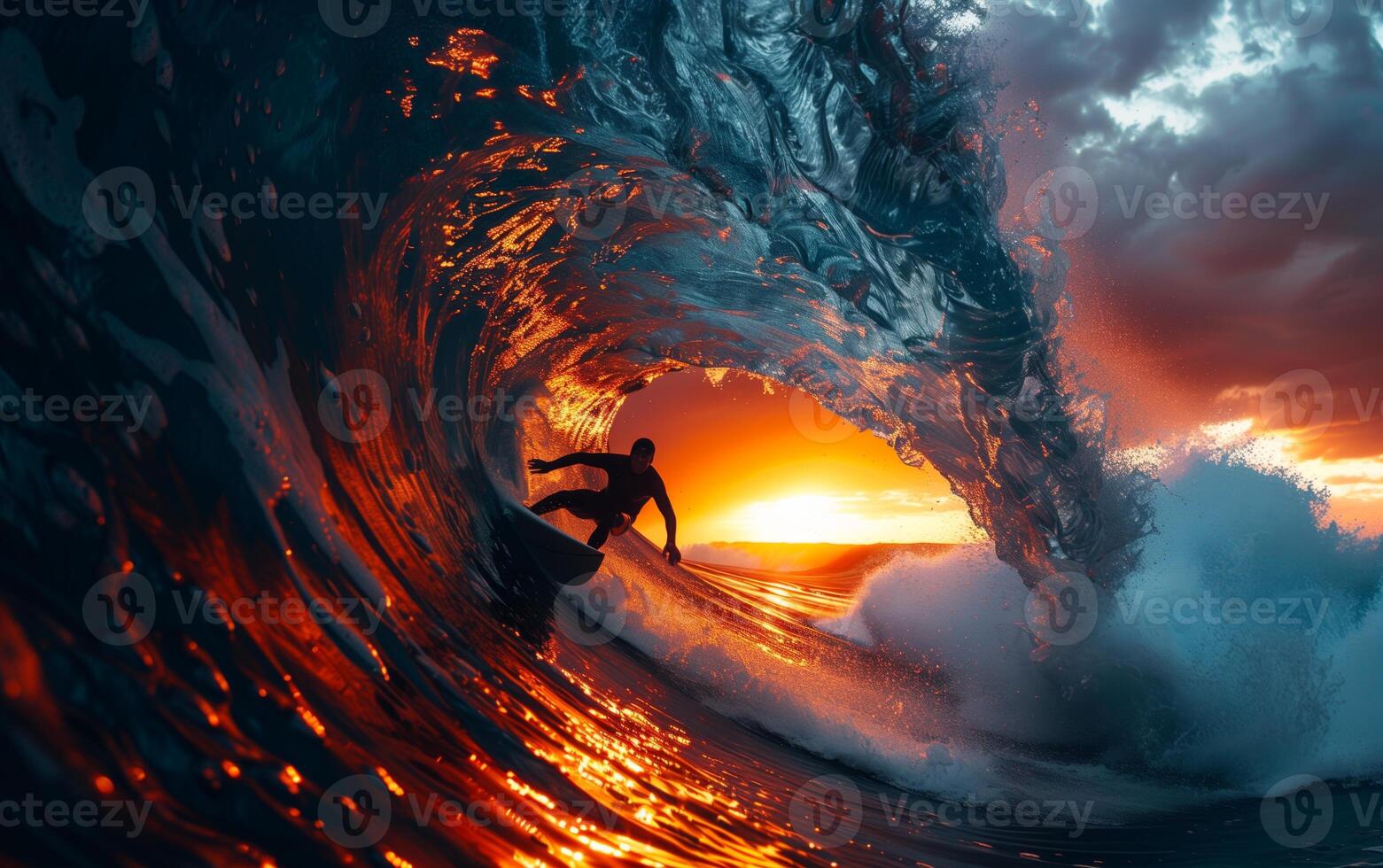 Surfer catching a giant wave as the sun sets, creating a stunning silhouette against vibrant colors of the ocean and sky. photo