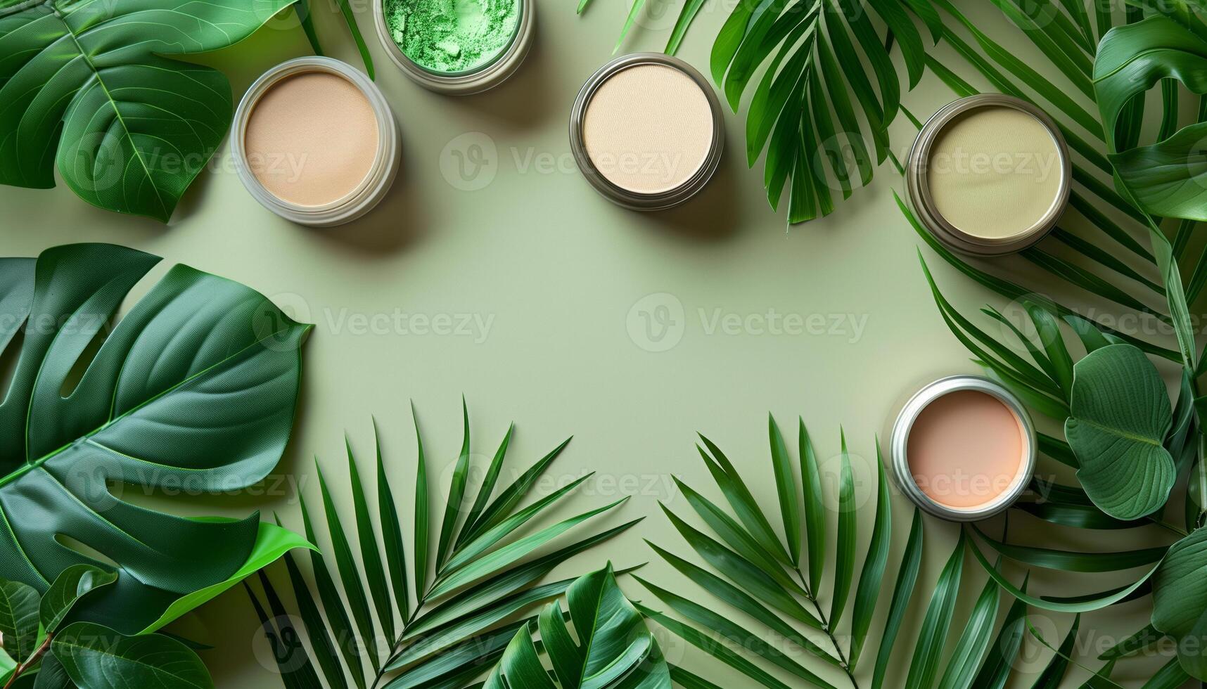 Top view of natural cosmetic products in jars surrounded by lush green tropical leaves on a soft green background. Spa and wellness concept. photo