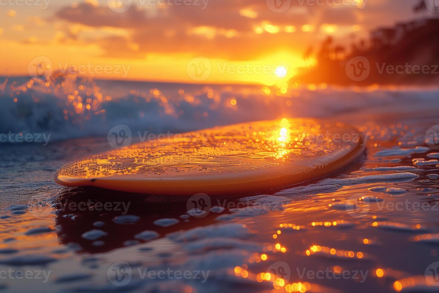 Surfboard resting on a sandy beach at sunset, with waves in the background, capturing a serene and picturesque coastal moment. photo