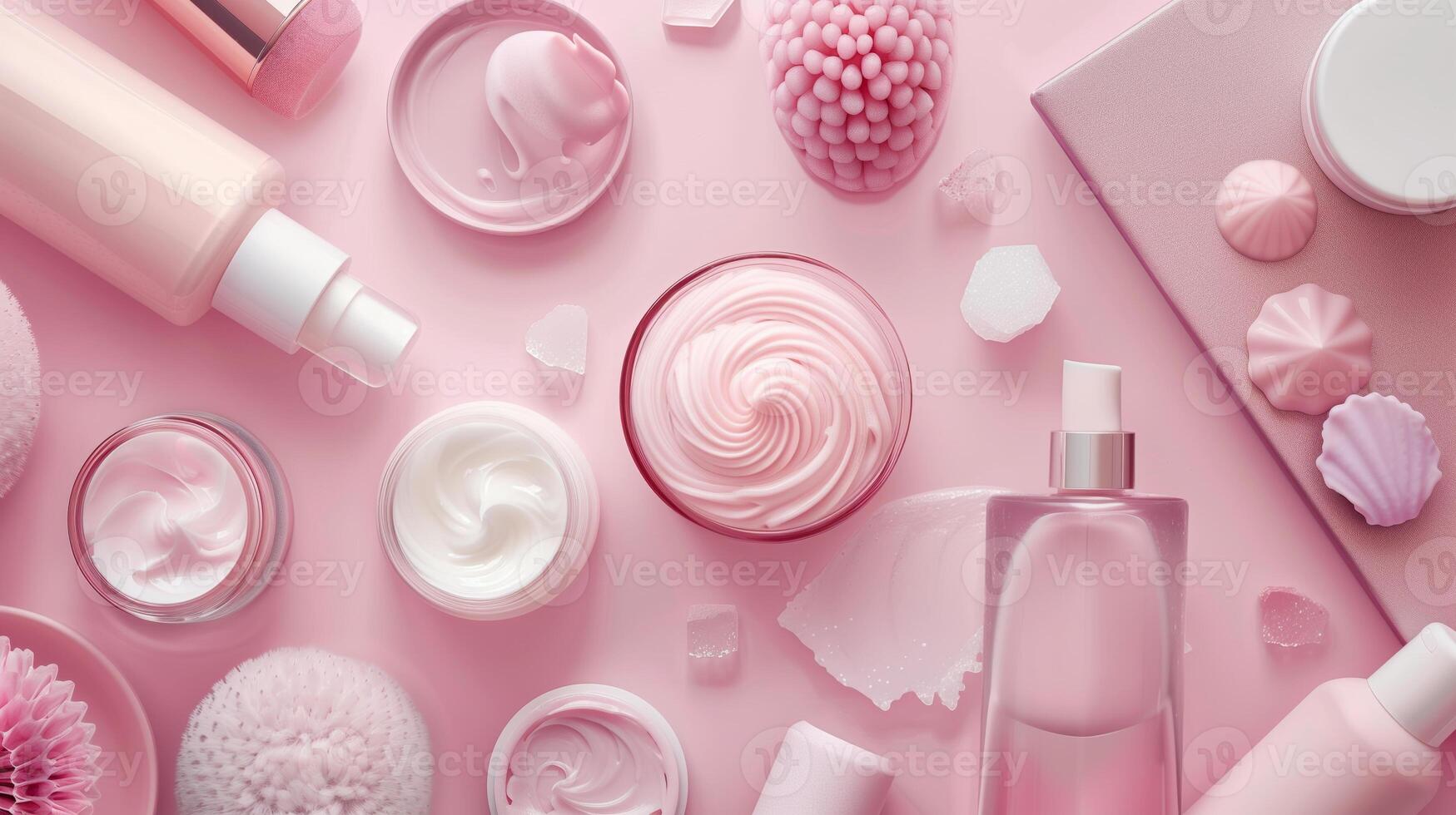 Flat lay of pink beauty products and skincare essentials on a pastel background, featuring creams, bottles, brushes, and accessories. photo