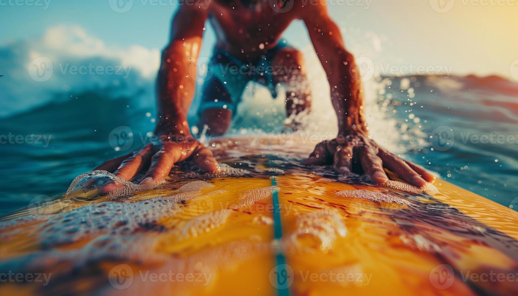Surfer riding the waves on a sunny day, close-up of hands on the surfboard, enjoying the thrill and adventure of surfing. photo