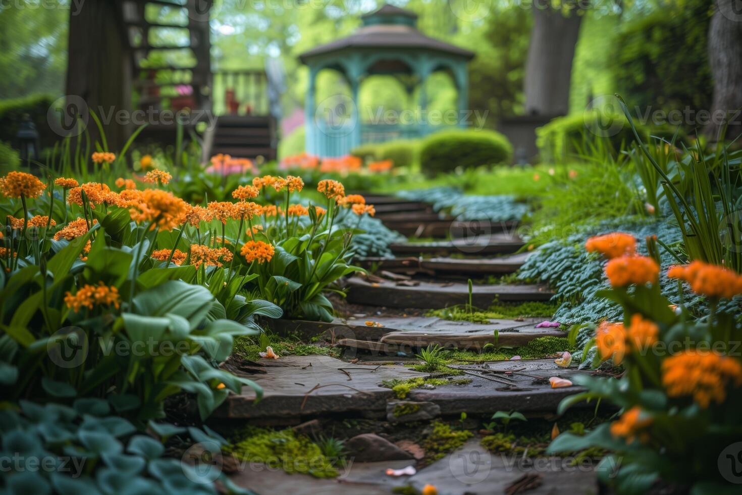 Peaceful garden path with vibrant flowers and a gazebo in the background. Perfect for nature and relaxation scenes. photo