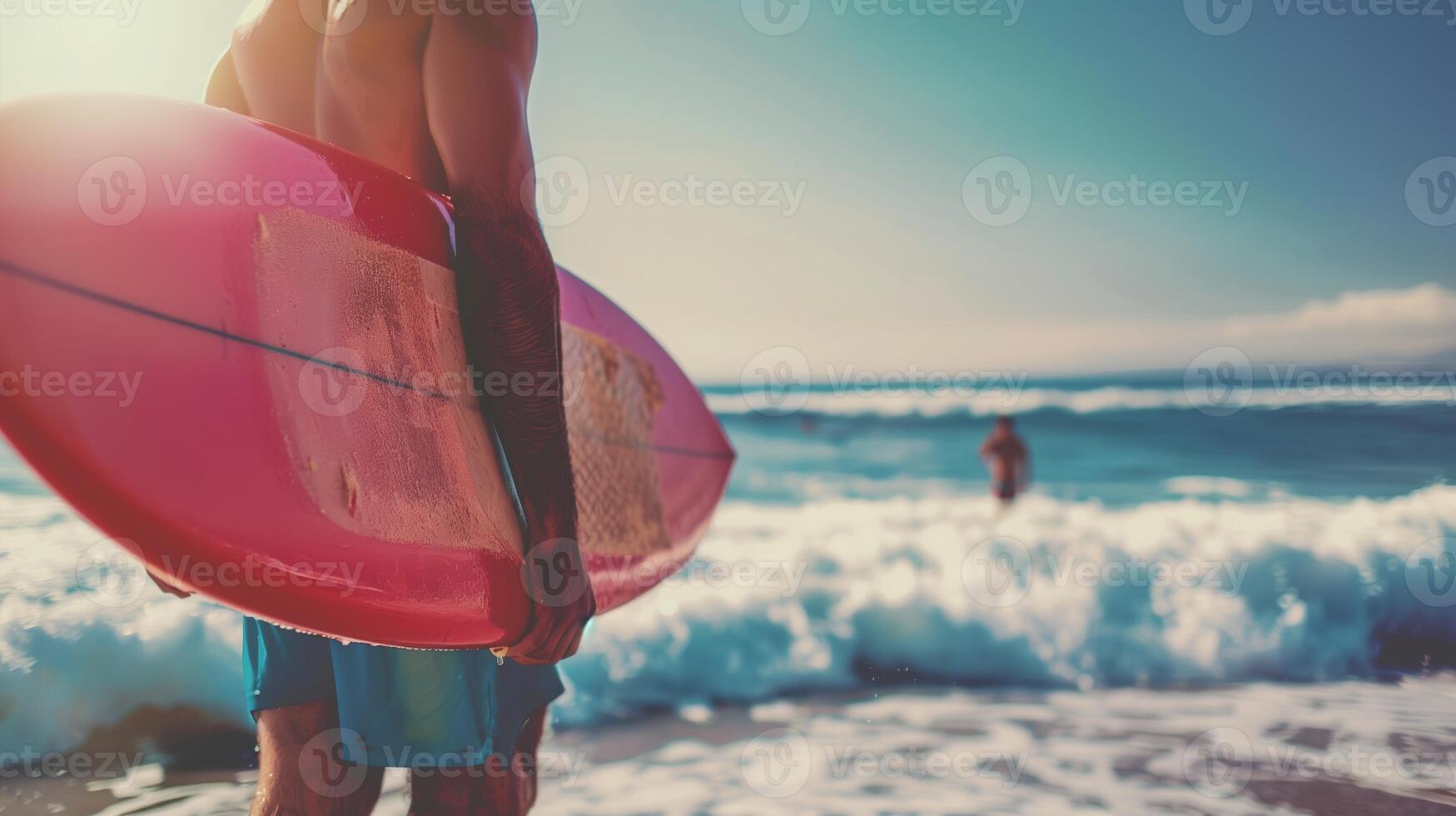 Surfer holding a board, looking at the ocean waves under a sunny sky. Ideal for beach and adventure stock photos. photo