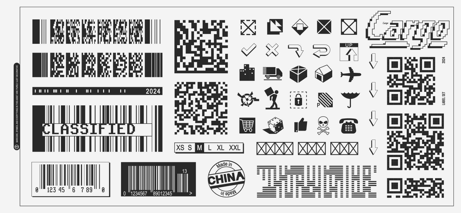 Label asset collection. decorative symbol and barcode set for label design vector