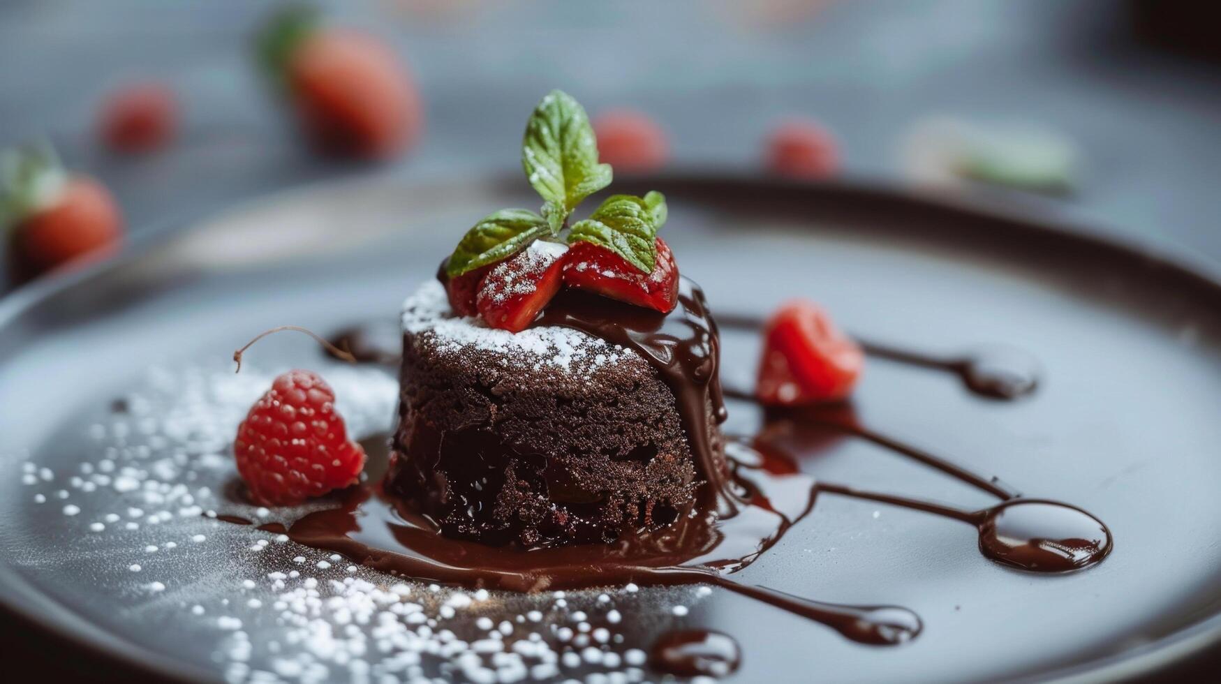 decadente chocolate postre adornado con Fresco bayas y menta, rociado con chocolate salsa, esmeradamente presentado en un oscuro lámina. foto