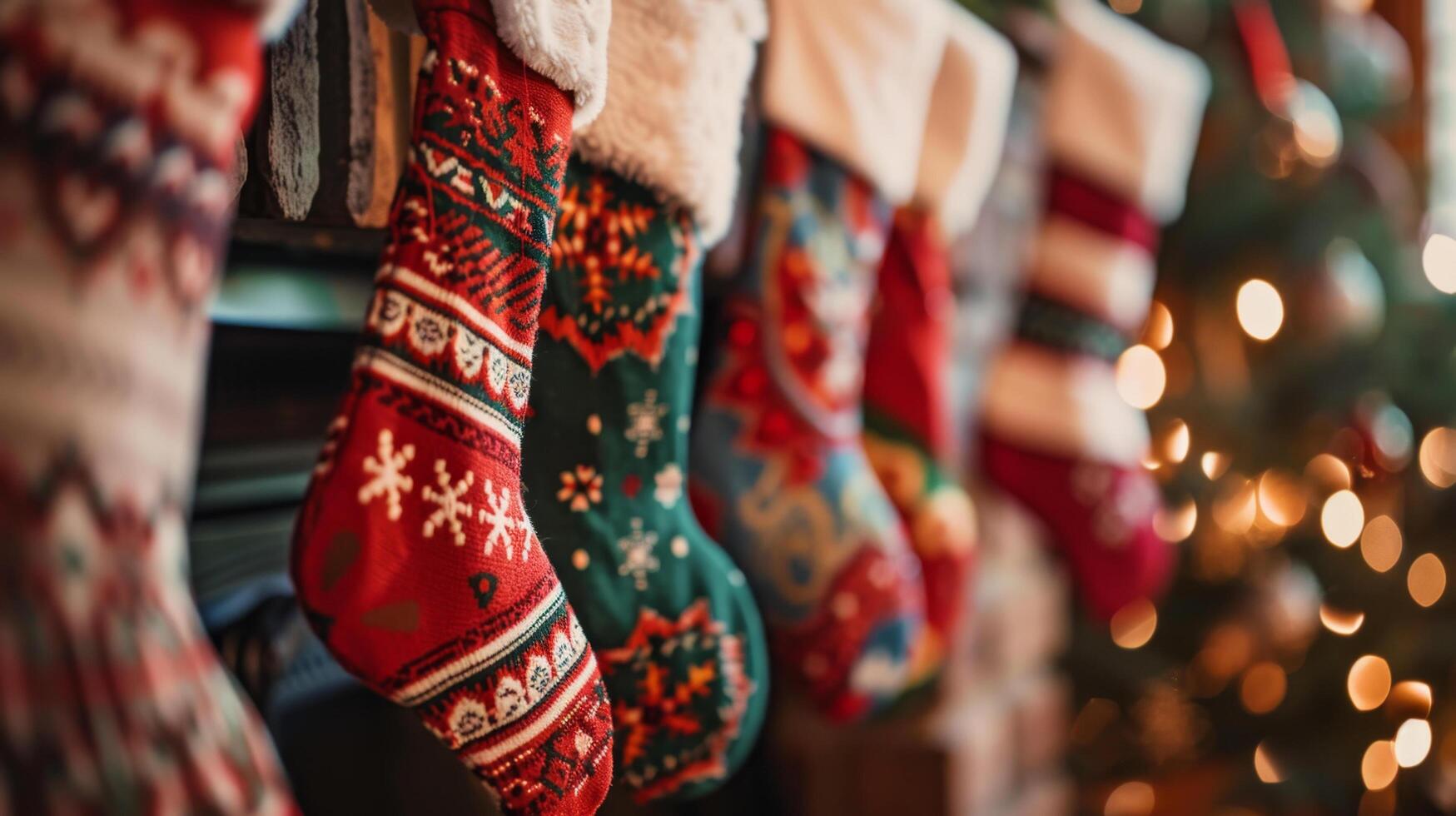 Festive Christmas stockings hanging on a mantelpiece, adorned with vibrant decorations, spreading holiday cheer in a cozy, warmly lit room. photo