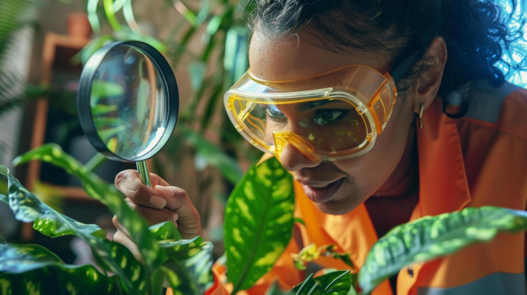 Scientist examining plants with a magnifying glass in a laboratory, focusing on scientific research and plant biology. photo