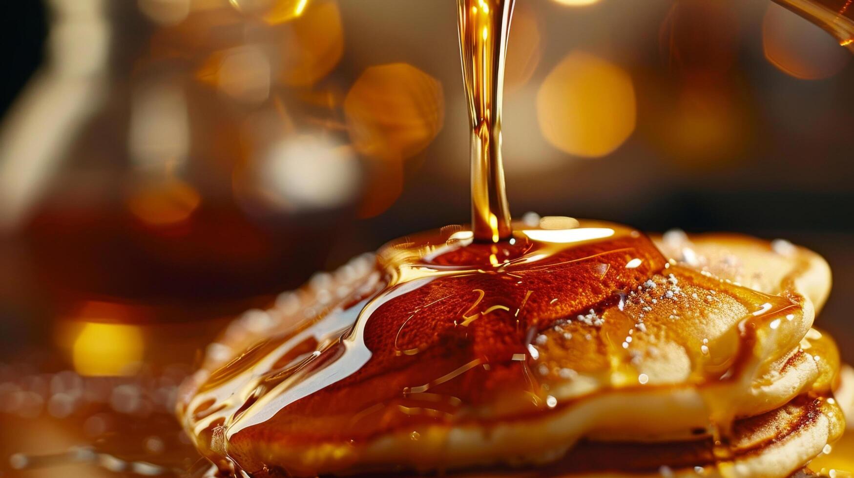 Close-up of fluffy pancakes drizzled with golden syrup, capturing a mouth-watering breakfast moment with a warm, inviting ambiance. photo