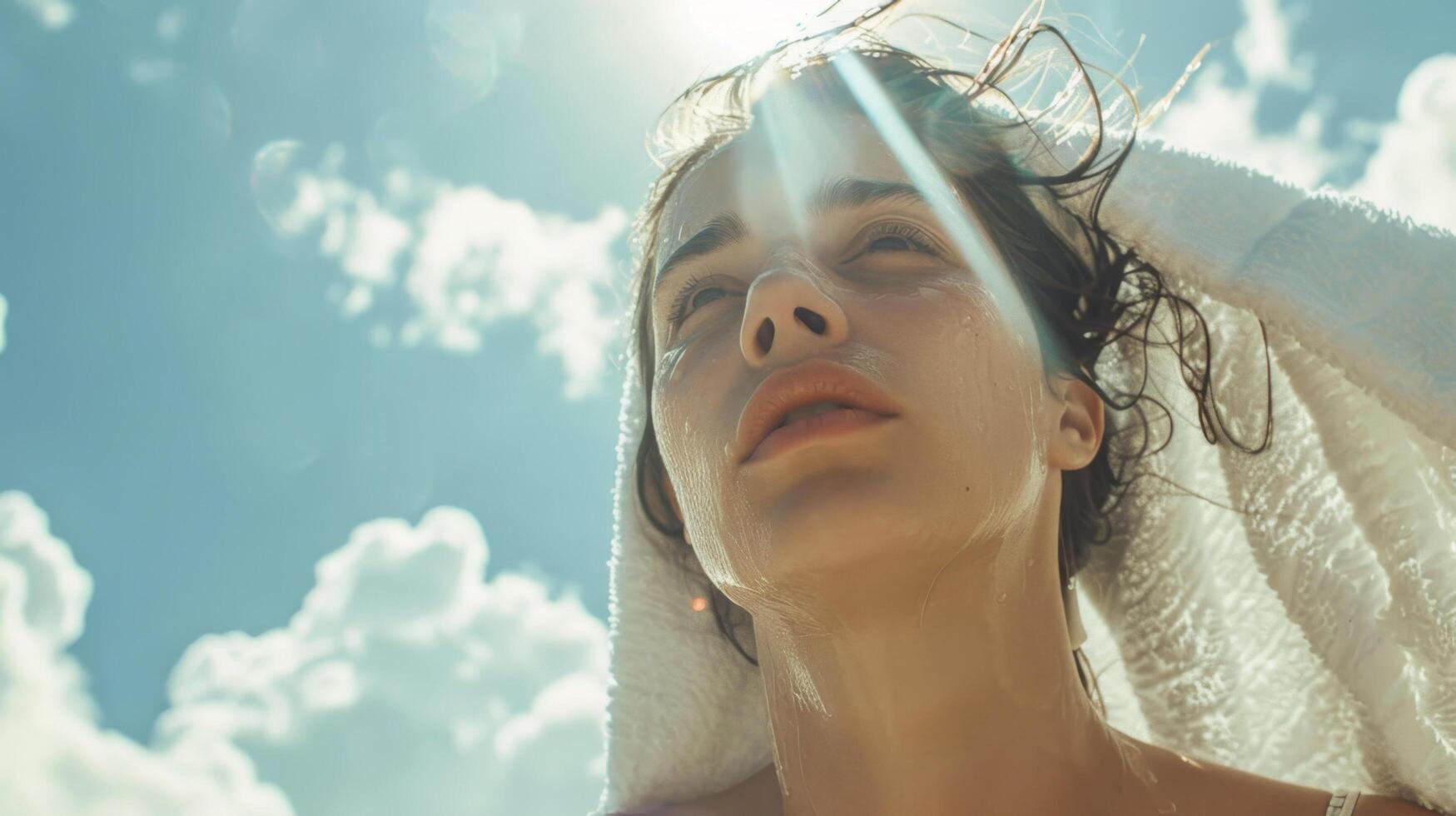 A serene woman gazes at the sky with a towel draped over her head, bathed in sunlight against a backdrop of fluffy clouds. photo