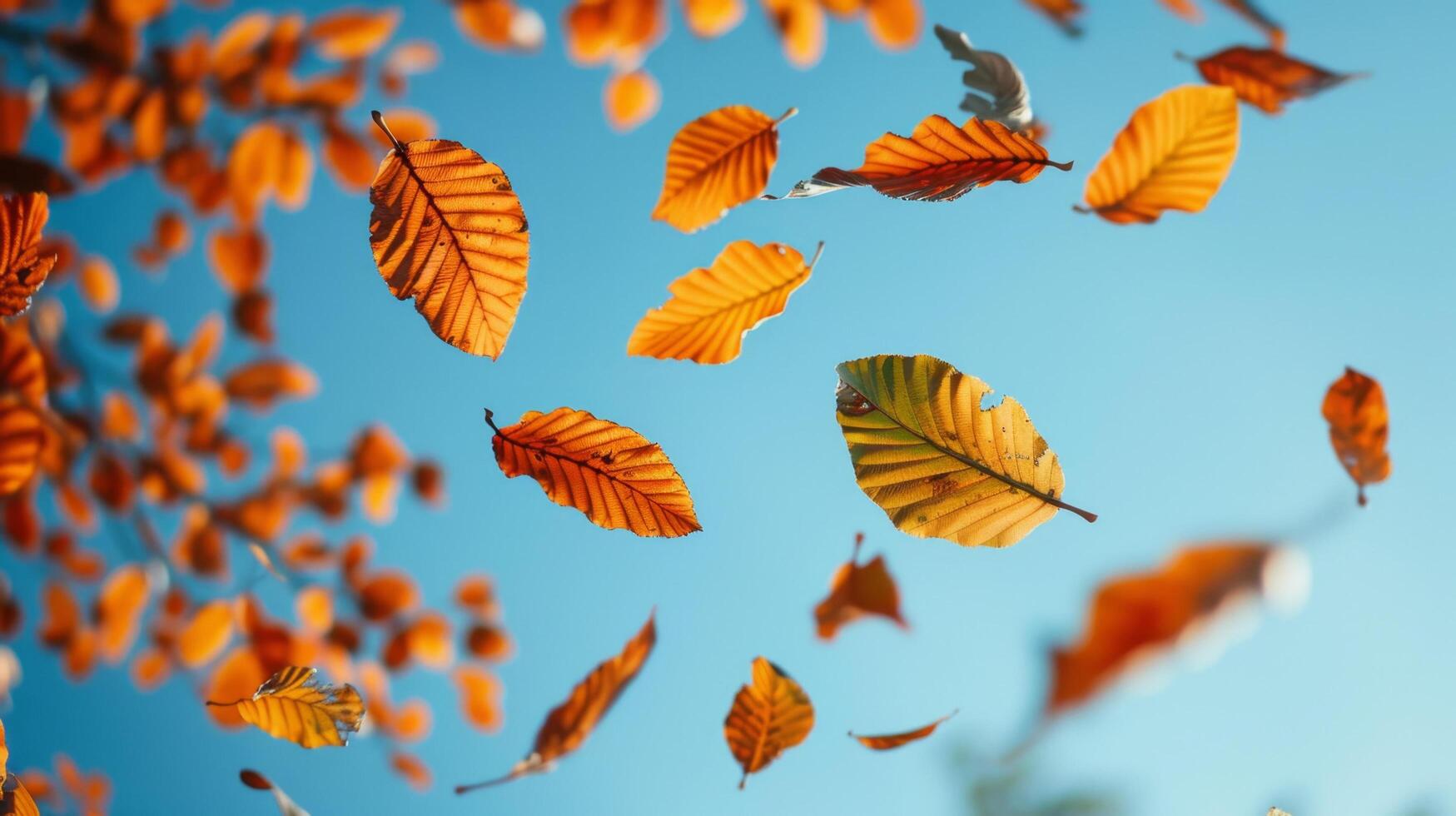 Vibrant autumn leaves float against a clear blue sky, capturing the essence of fall with bright orange and red hues in this dynamic stock photo. photo
