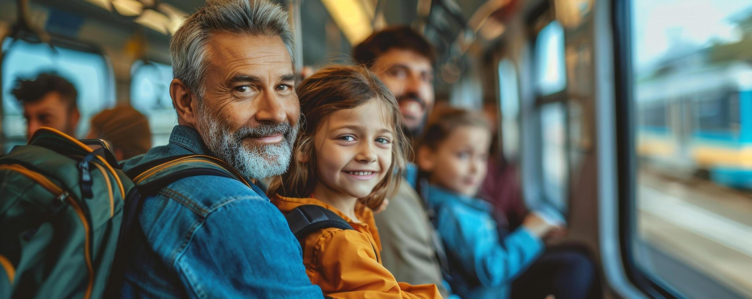 Happy family enjoying a ride on the train, capturing moments and creating memories during a scenic journey. photo