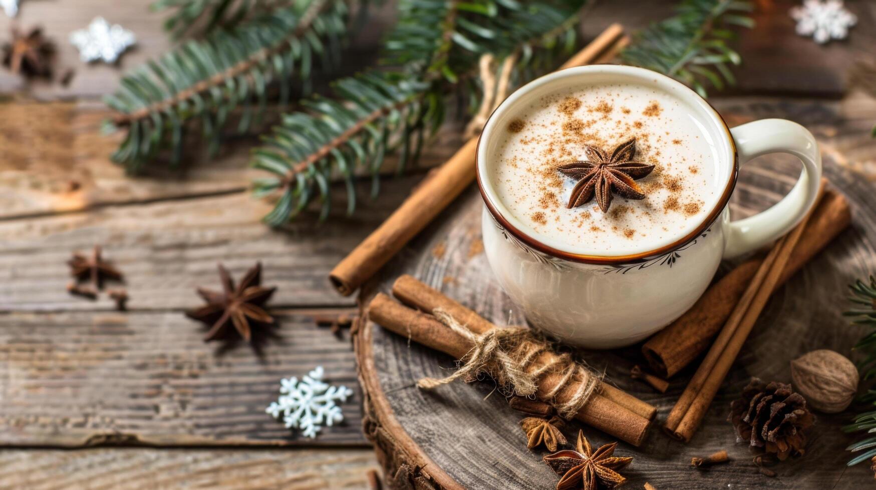 Cozy winter scene with a cup of spiced latte, star anise, cinnamon sticks, and pine branches on a rustic wooden table. photo